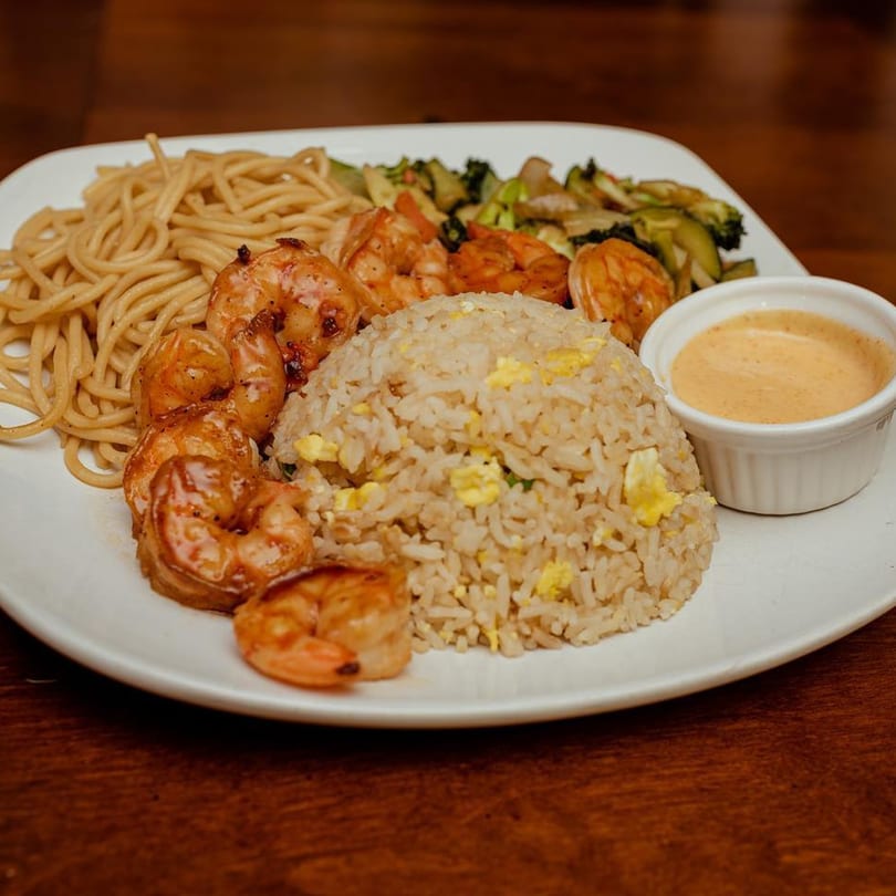 Oishii Hibachi Grill's shrimp hibachi dinner with fried rice, noodles, and mixed vegetables.